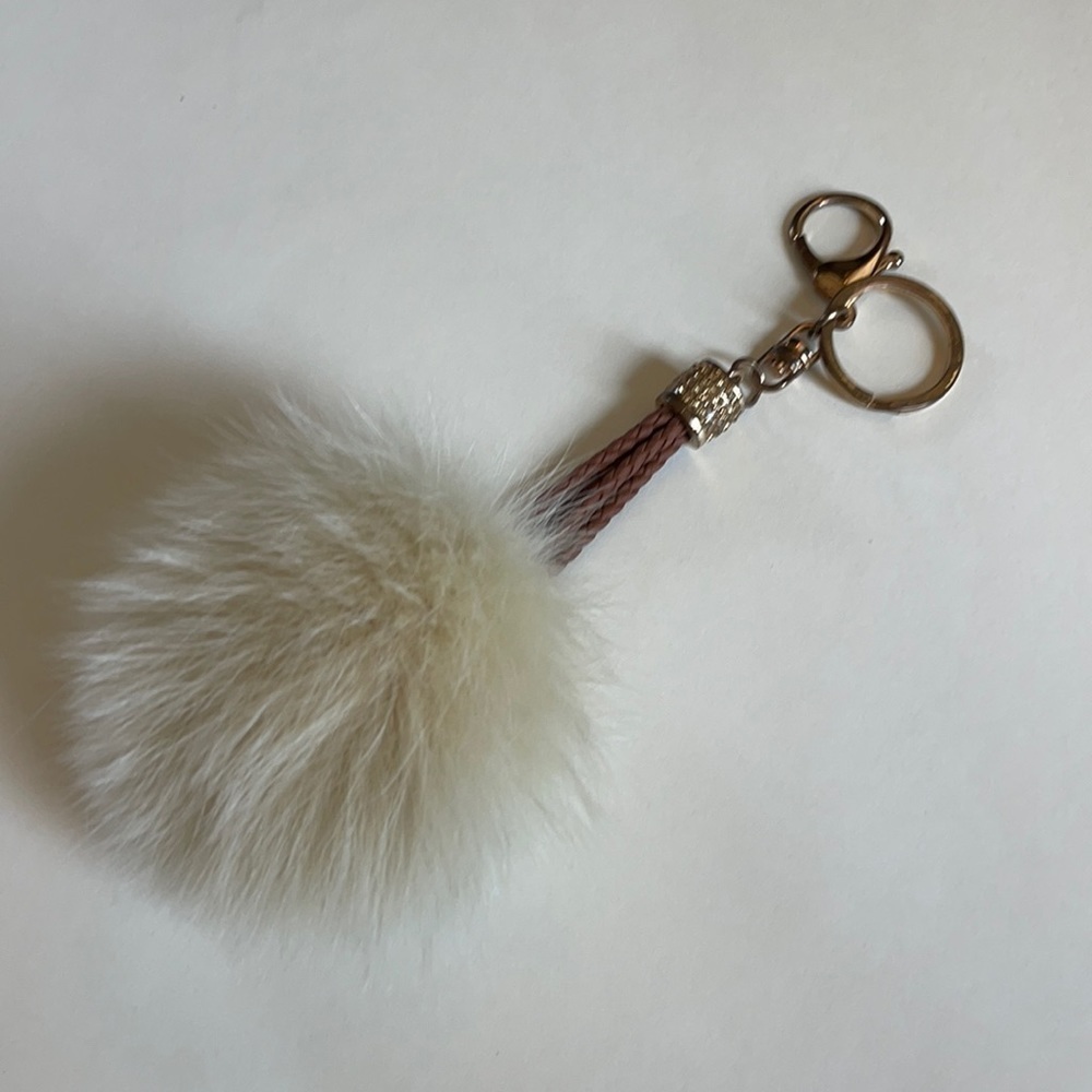Puff Ball Crystal Accent Keychain Purse Charm Leather Strap